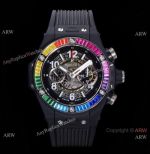 Swiss Grade 1 Hublot Big Bang Unico 7750 Chrono Watch Diamond Rainbow Bezel Rubber Strap 44mm